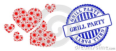 Grunge Grill Party Stamp Seal and Cell Love Hearts Composition Icon Vector Illustration