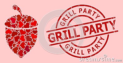 Scratched Grill Party Stamp and Red Love Heart Oak Acorn Collage Vector Illustration