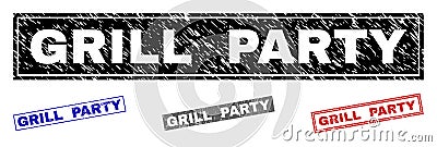 Grunge GRILL PARTY Textured Rectangle Stamp Seals Vector Illustration