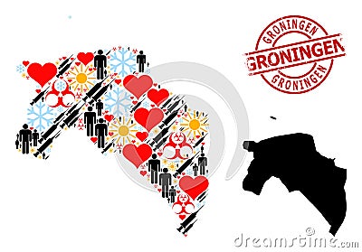 Grunge Groningen Stamp Seal and Lovely Customers Inoculation Mosaic Map of Groningen Province Vector Illustration