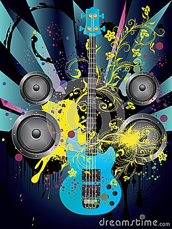 Grunge Guitar and Loudspeakers Vector Illustration