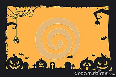 Grunge Halloween frame with pumpkins, bats, cemetery and spiders. Copy space Vector Illustration