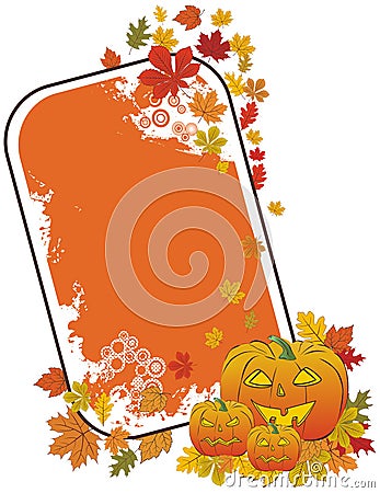 Grunge halloween pumpkin frame with autumn leaves Vector Illustration