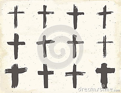 Grunge hand drawn cross symbols set. Christian crosses, religious signs icons, crucifix symbol vector illustration. Vector Illustration