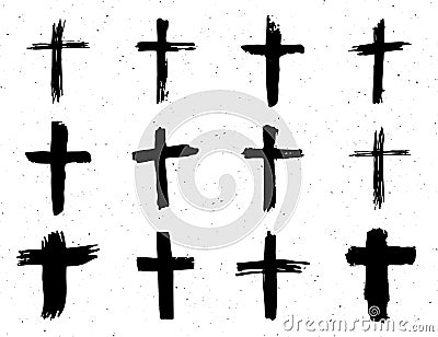 Grunge hand drawn cross symbols set. Christian crosses, religious signs icons, crucifix symbol vector illustration isplated on whi Vector Illustration