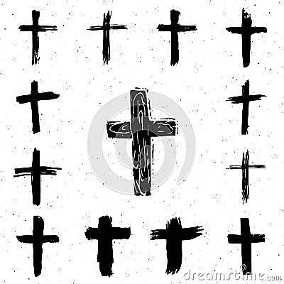 Grunge hand drawn cross symbols set. Christian crosses, religious signs icons Vector Illustration