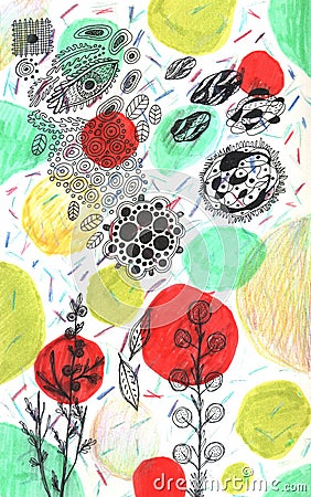 Grunge hand drawn floral texture. Flowers and color dots. Ink and marker drawings for background design. Raster illustration Cartoon Illustration