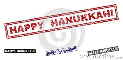 Grunge HAPPY HANUKKAH! Scratched Rectangle Stamps Vector Illustration