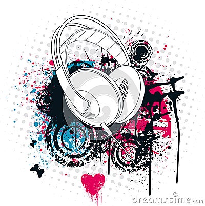 Grunge Headphone Music City Vector Illustration