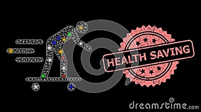 Grunge Health Saving Stamp and Mesh Scate Roller Man with Light Spots Vector Illustration
