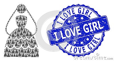 Grunge I Love Girl Round Seal and Recursive Bride Icon Composition Vector Illustration