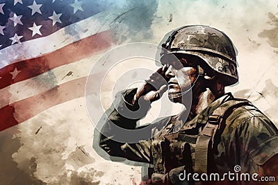 Grunge-Inspired Illustration: Soldier Saluting Fallen Comrade & Distressed American Flag Cartoon Illustration