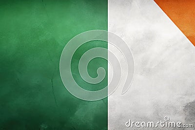 Grunge Ireland Flag. Irish Flag with grunge texture, Flag of Ireland on concrete backdrop. Irish flag background with copy space, Stock Photo