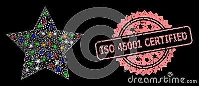 Grunge ISO 45001 Certified Stamp Seal and Network Red Star with Lightspots Vector Illustration
