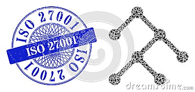 Grunge ISO 27001 Seal and Triangle Binary Structure Mosaic Vector Illustration