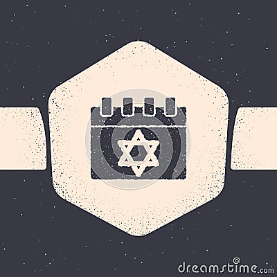 Grunge Jewish calendar with star of david icon isolated on grey background. Hanukkah calendar day. Monochrome vintage Vector Illustration