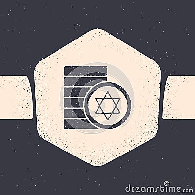 Grunge Jewish coin icon isolated on grey background. Currency symbol. Monochrome vintage drawing. Vector Vector Illustration