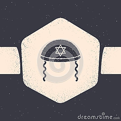 Grunge Jewish kippah with star of david and sidelocks icon isolated on grey background. Jewish yarmulke hat. Monochrome Vector Illustration