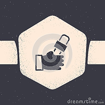 Grunge Journalist hand holding microphones performing interview icon isolated on grey background. Monochrome vintage Vector Illustration