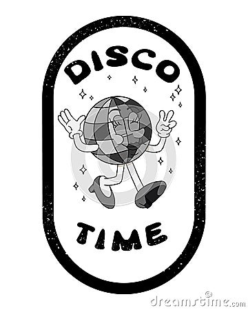 Grunge label with cartoon disco ball character Vector Illustration