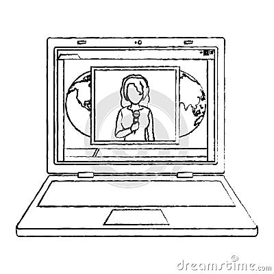 Grunge laptop news media woman reporter Vector Illustration