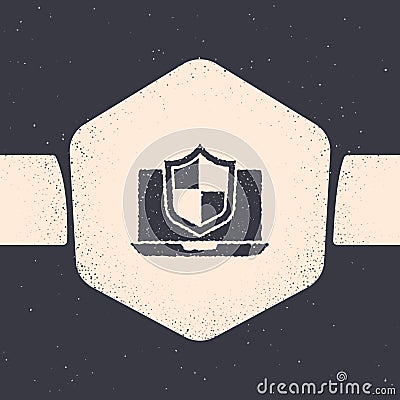 Grunge Laptop protected with shield icon isolated on grey background. PC security, firewall technology, privacy safety Vector Illustration