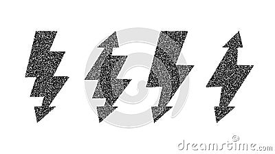 Grunge lightning bolt set. Black noise texture thunderbolt collection. Stipple flash symbols. Dotted grain lightning Vector Illustration