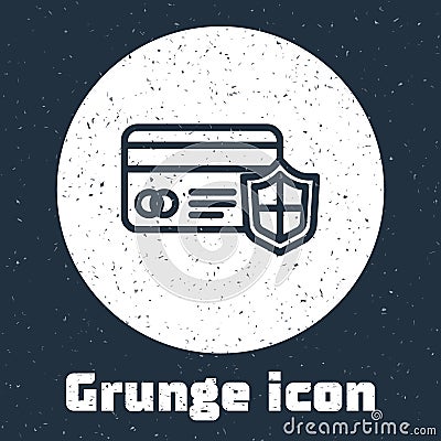 Grunge line Credit card with shield icon isolated on grey background. Online payment. Cash withdrawal. Financial Vector Illustration