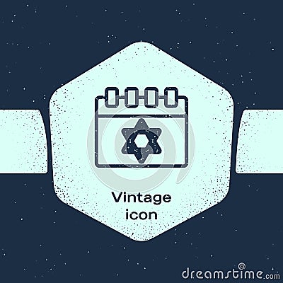 Grunge line Jewish calendar with star of david icon isolated on blue background. Hanukkah calendar day. Monochrome Vector Illustration