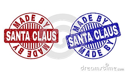 Grunge MADE BY SANTA CLAUS Textured Round Stamp Seals Vector Illustration