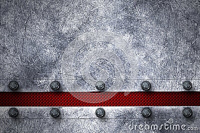 Grunge metal background. rivet on metal plate and red carbon fib Cartoon Illustration