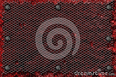 grunge metal background. rivet on red metal plate and black grille. Cartoon Illustration