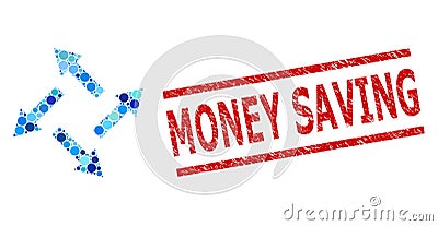 Grunge Money Saving Watermark and Centrifugal Arrows Collage of Round Dots Vector Illustration