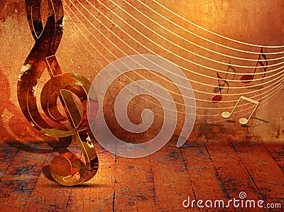 Grunge music background with music notes on stave Stock Photo