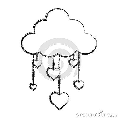 Grunge nature fluffy cloud and hanging hearts Vector Illustration
