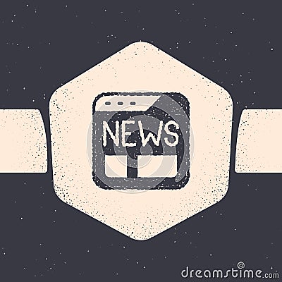 Grunge News icon isolated on grey background. Newspaper sign. Mass media symbol. Monochrome vintage drawing. Vector Stock Photo