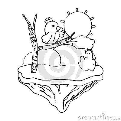 Grunge nice bear with branch in the float island Vector Illustration