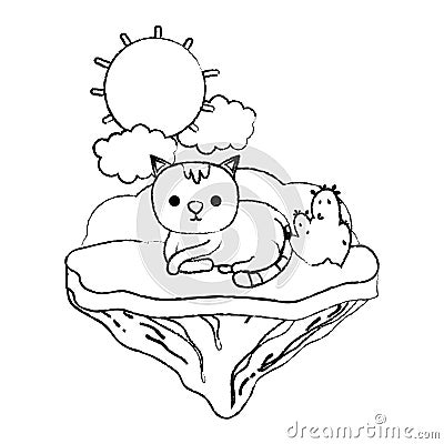 Grunge nice cat animal in the float island Vector Illustration