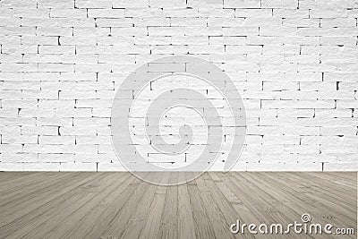 Grunge old aged brick wall painted in white with wooden floor in sepia brown for interior backgrounds Stock Photo