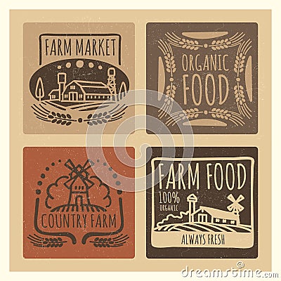 Grunge organic food farm market vintage labels design Vector Illustration