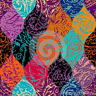 Grunge paisley pattern in collage patchwork style. Vector Illustration