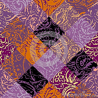 Grunge paisley pattern in collage patchwork style. Vector Illustration