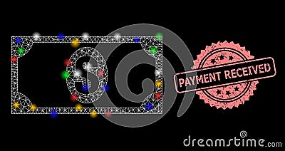 Grunge Payment Received Stamp and Network Usd Banknote with Lightspots Vector Illustration