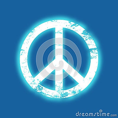 Grunge peace symbol with a blue neon glow, vintage design Vector Illustration