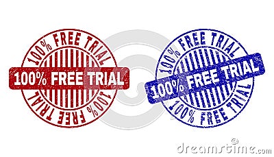 Grunge 100 Percents FREE TRIAL Scratched Round Stamps Vector Illustration