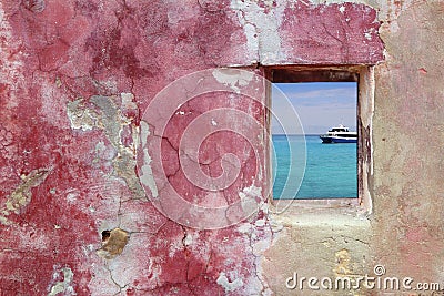 Grunge pink red wall window turquoise sea Stock Photo