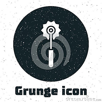Grunge Pizza knife icon isolated on white background. Pizza cutter sign. Steel kitchenware equipment. Monochrome vintage Vector Illustration