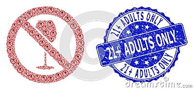 Grunge 21 plus Adults Only Round Watermark and Recursion Forbidden Wine Icon Composition Vector Illustration