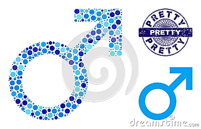 Grunge PRETTY Round Guilloche Seal and Male Symbol Mosaic Icon of Round Dots Vector Illustration