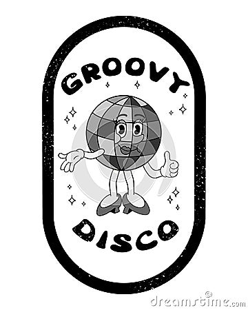 Grunge printout with cartoon disco ball character Vector Illustration